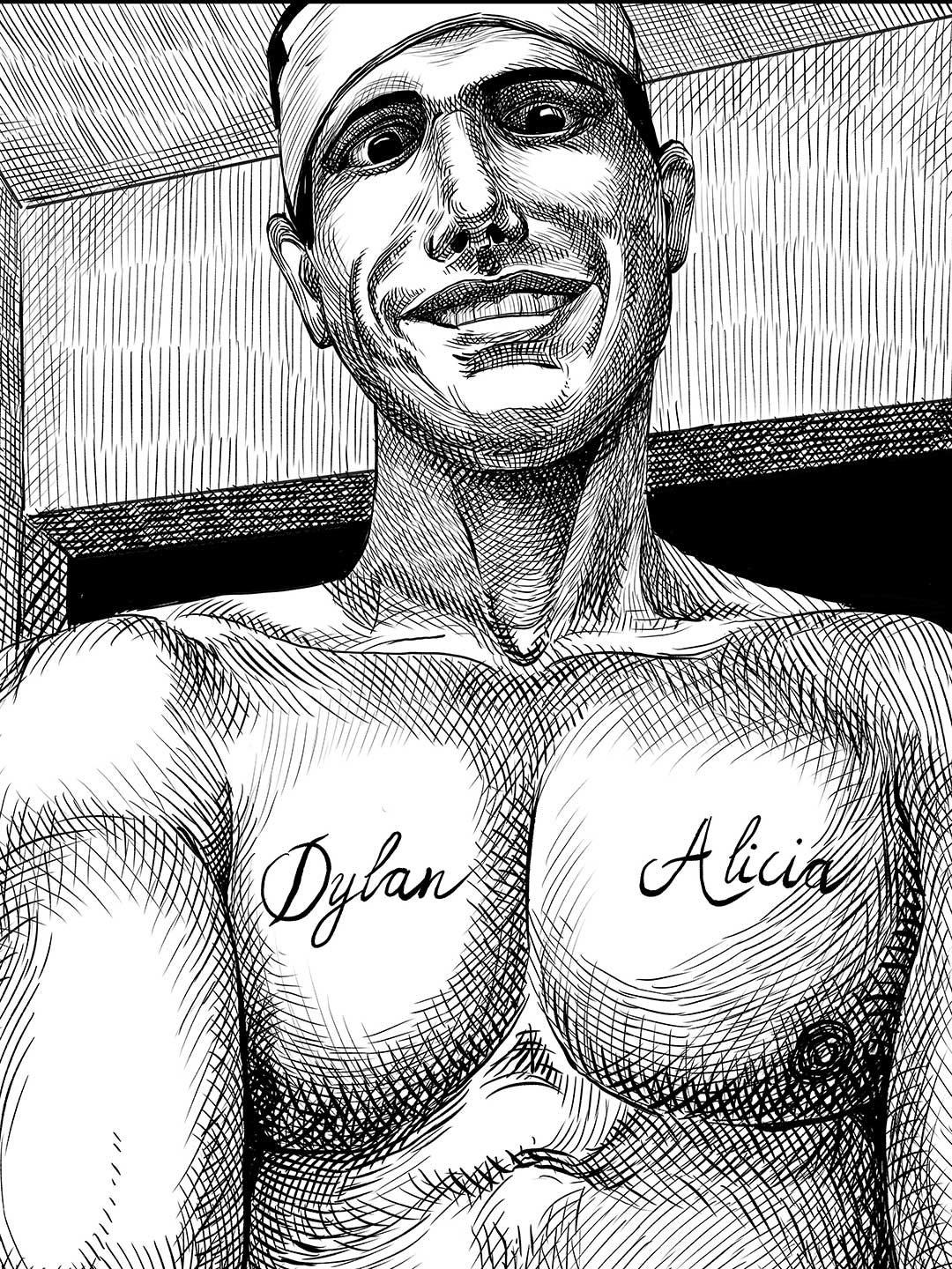 Pen and ink portrait of a shirtless man