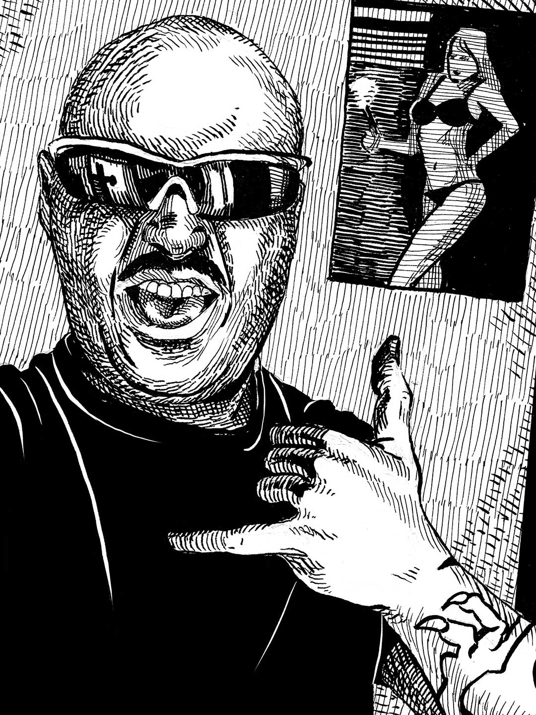 Pen and ink portrait of a man in sunglasses