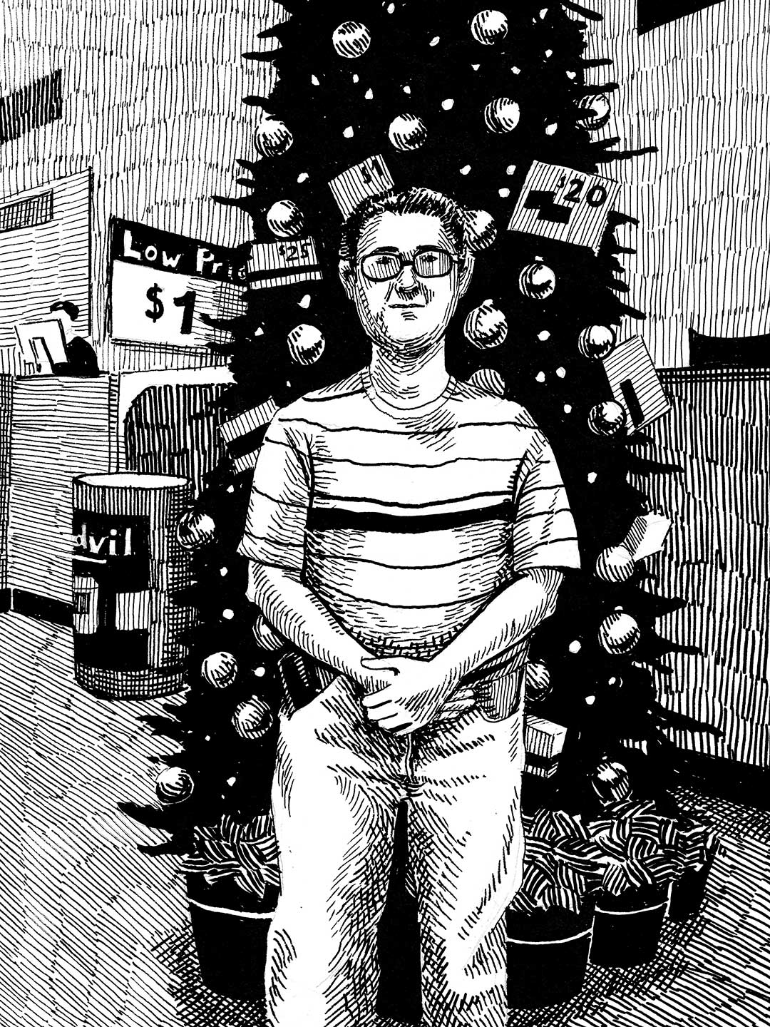 Pen and ink portrait of a man in front of a Christmas tree