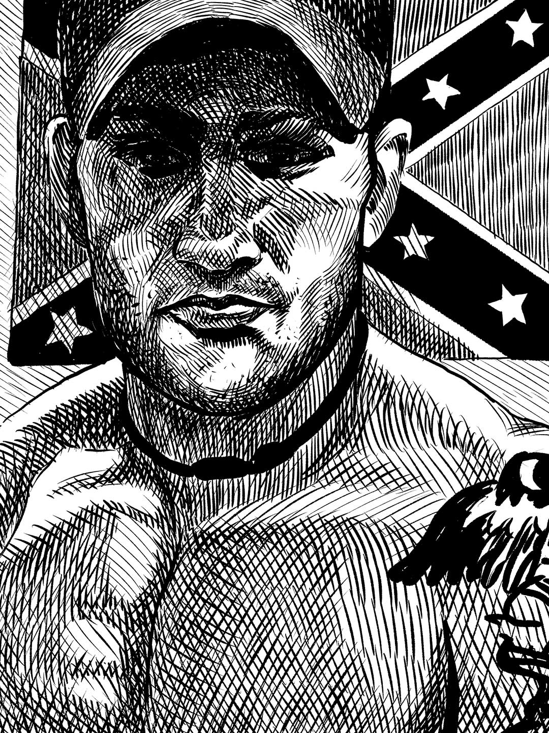 Pen and ink portrait of a man in a baseball hat