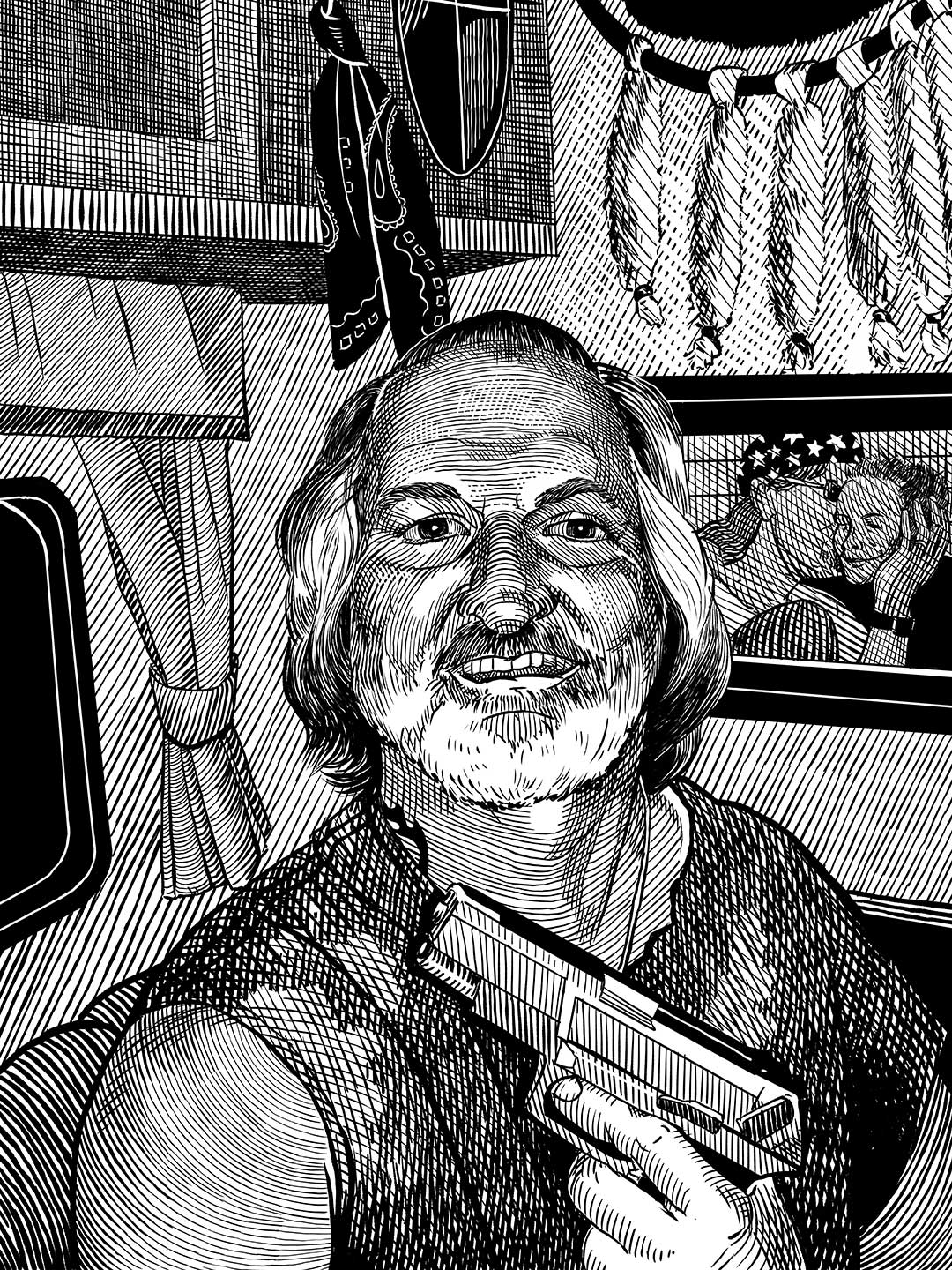 Pen and ink portrait of a man with a gun