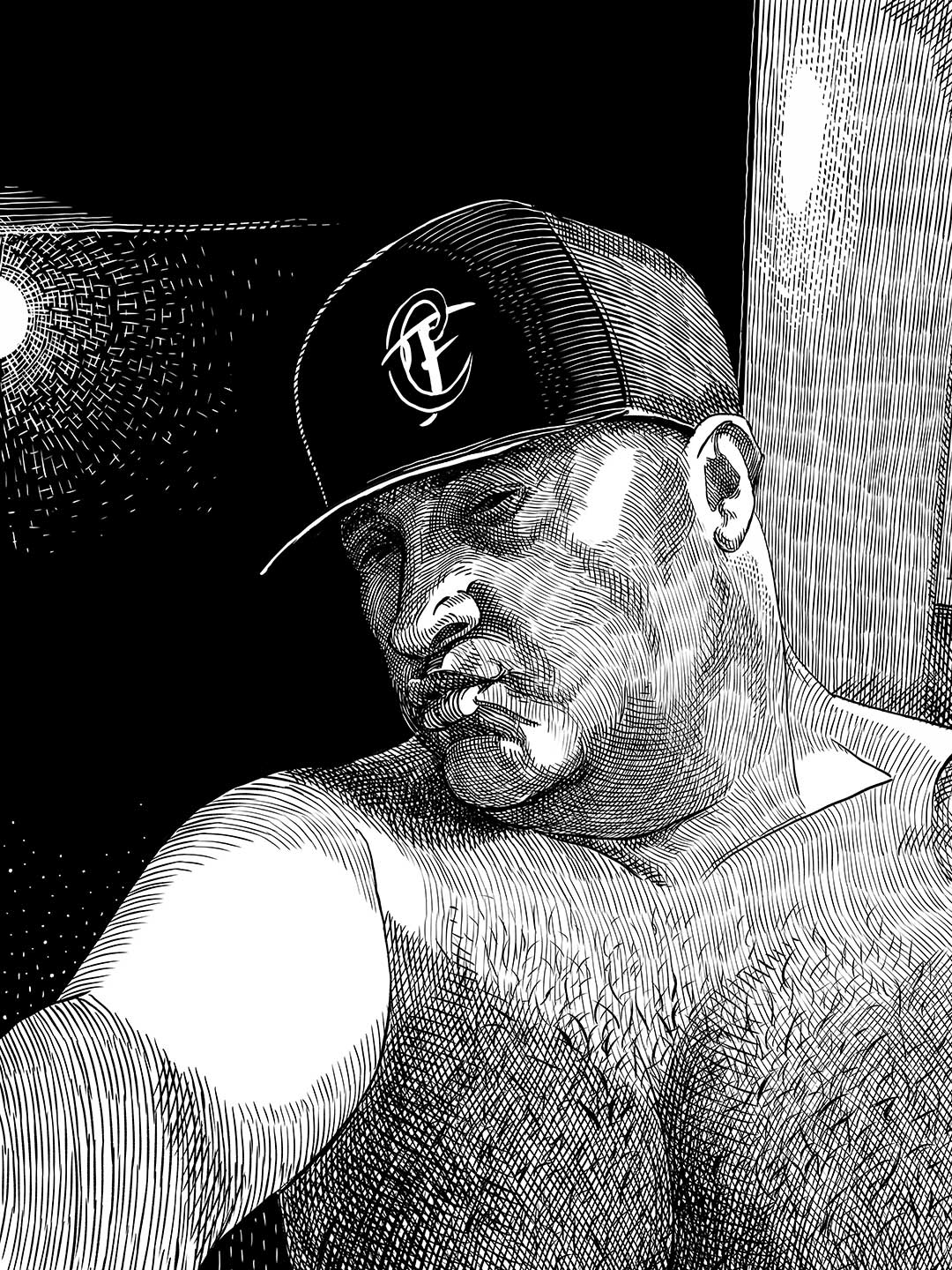 Pen and ink portrait of a man in a baseball cap taking a selfie