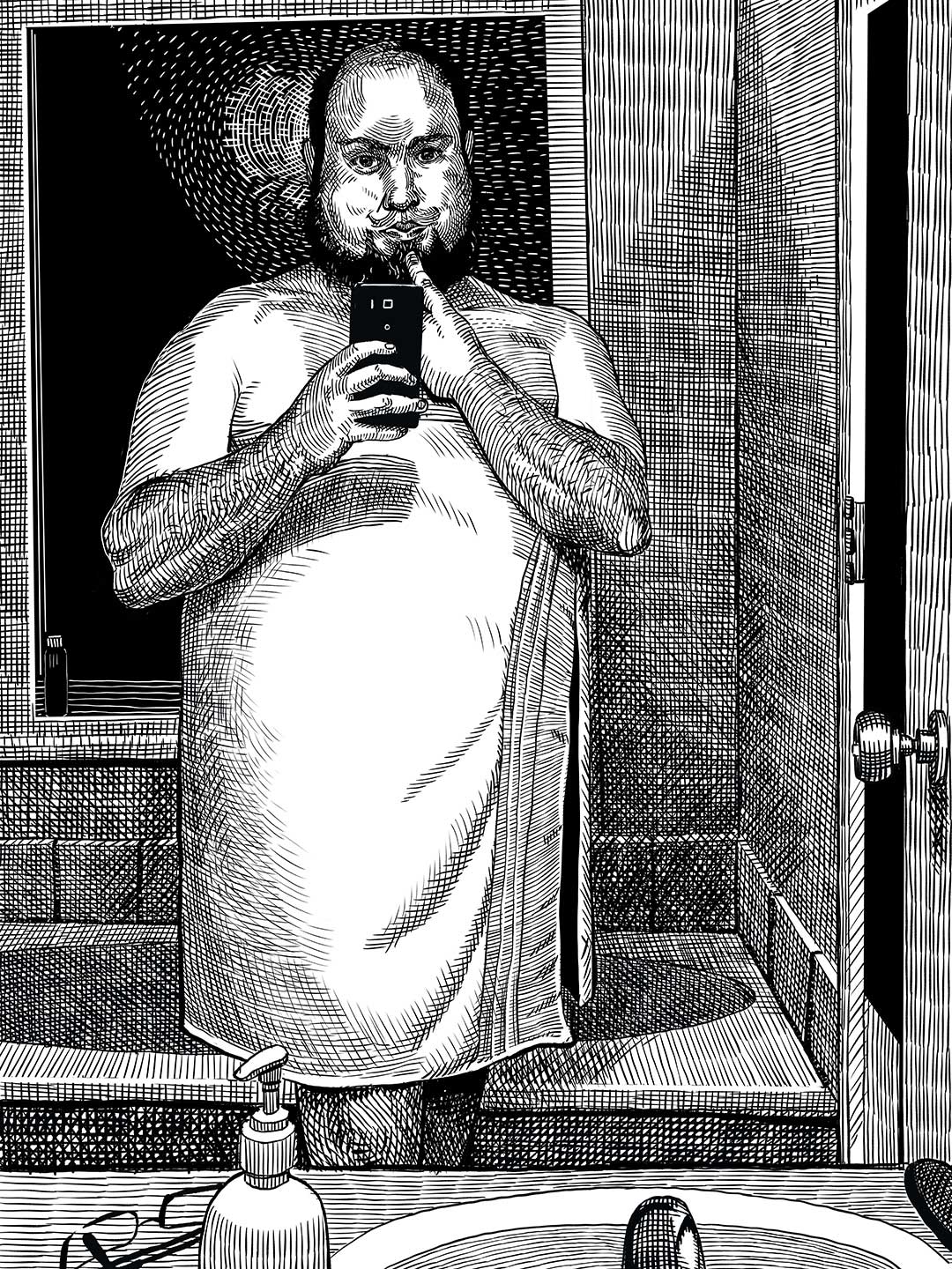 Pen and ink portrait of a man in a bathroom taking a selfie