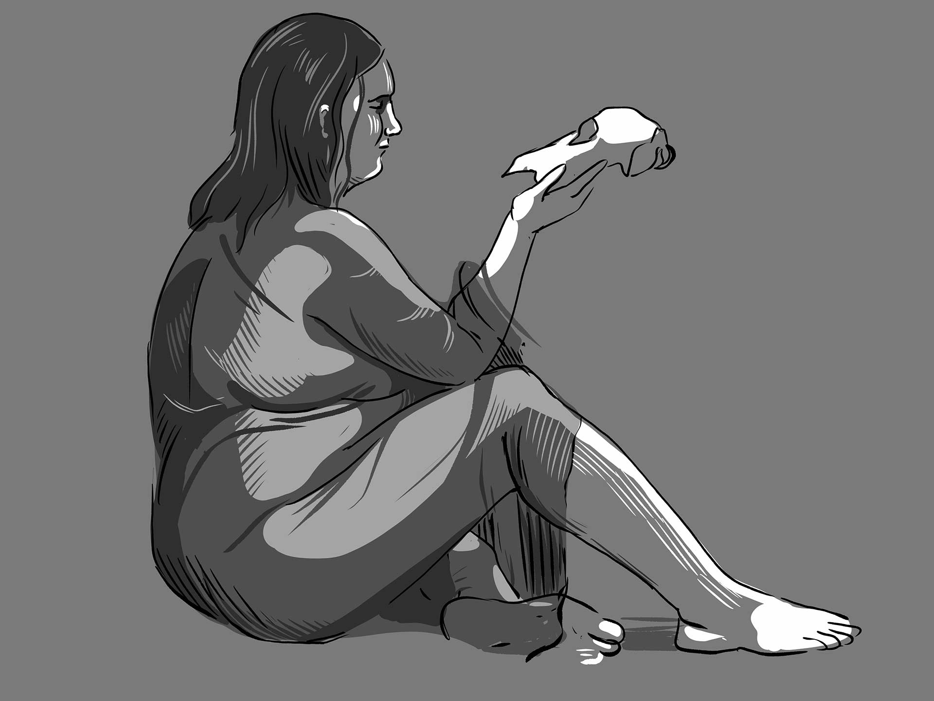 Untitled (female model looking at an animal skull), digital drawing, 2022