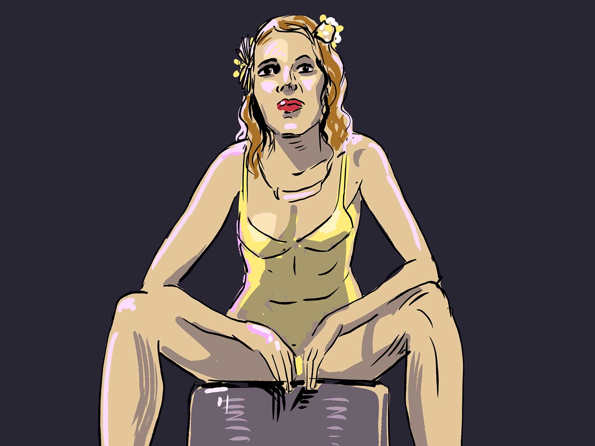 Untitled (female model in yellow outfit sitting), digital drawing, 2019