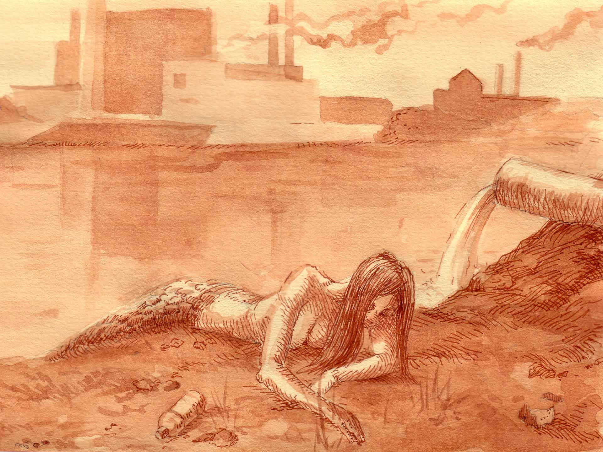 Mermaid Heritage illustration - mermaid in a poluted lake