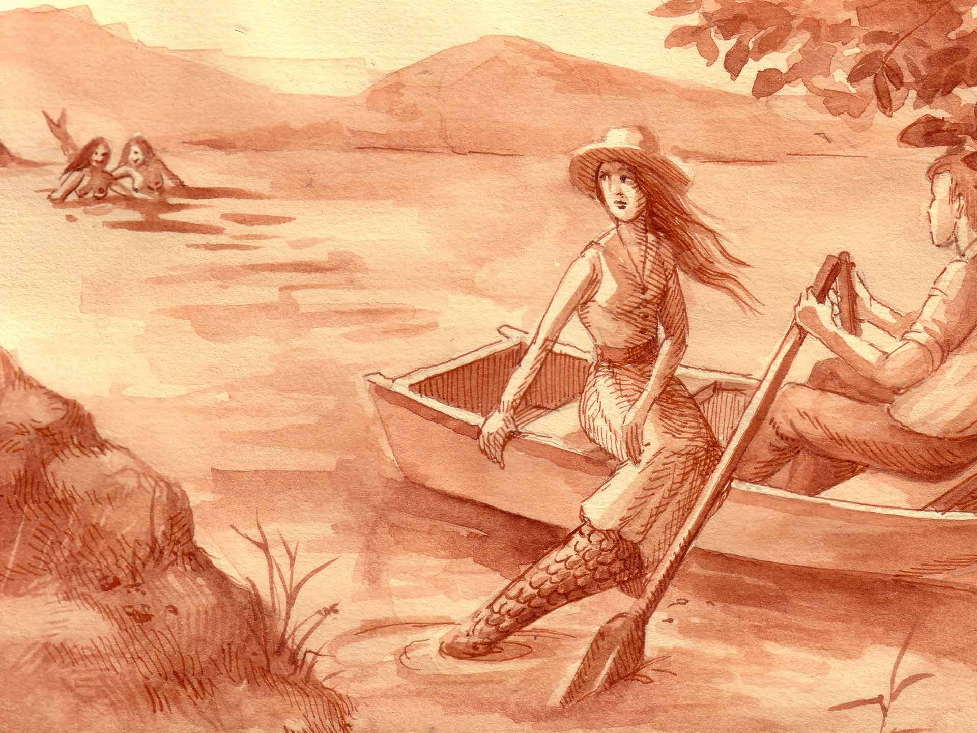 Mermaid Heritage illustration - mermaid in a boat with a boyfriend