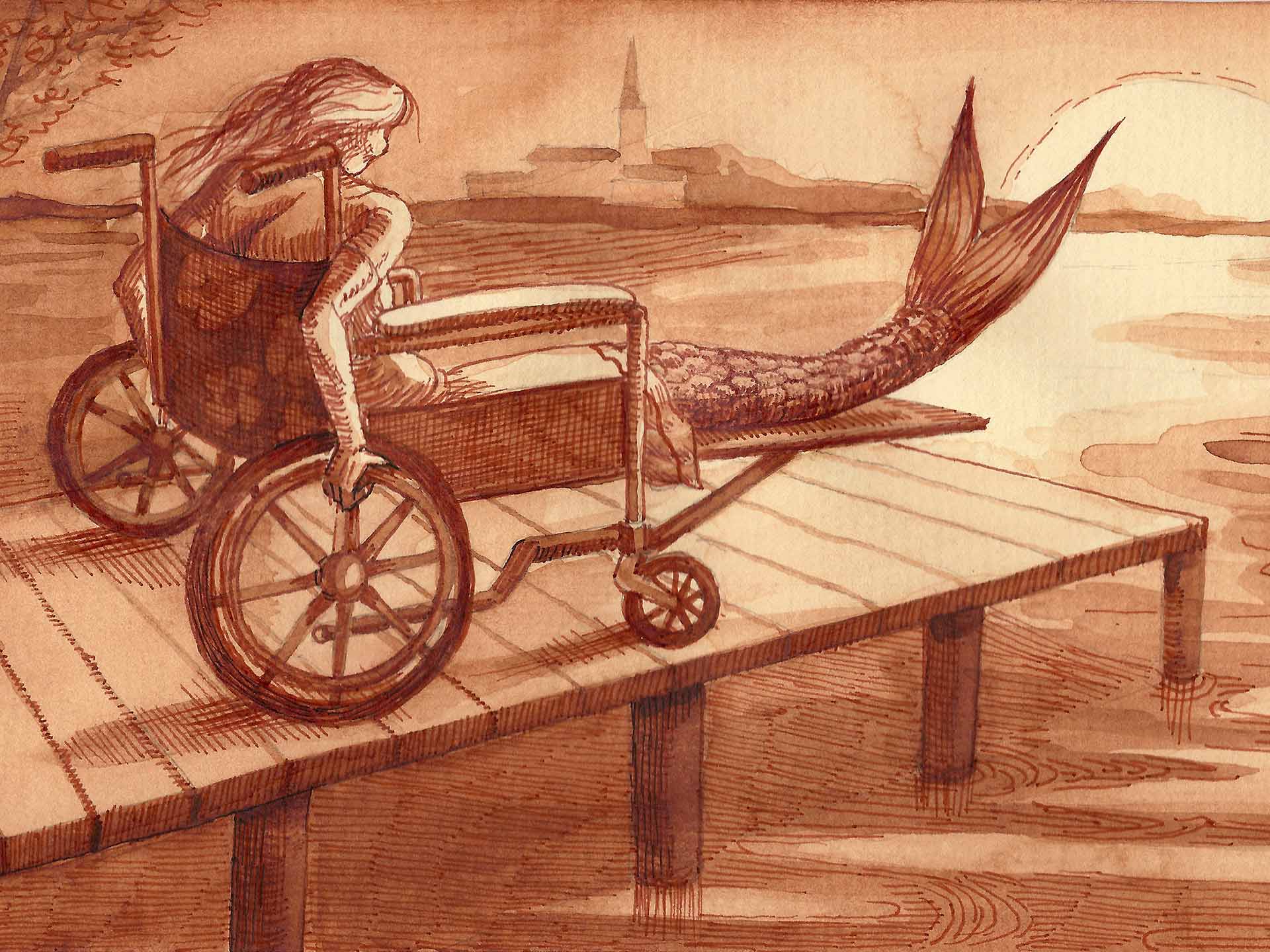 Mermaid Heritage illustration - mermaid in a wheelchair