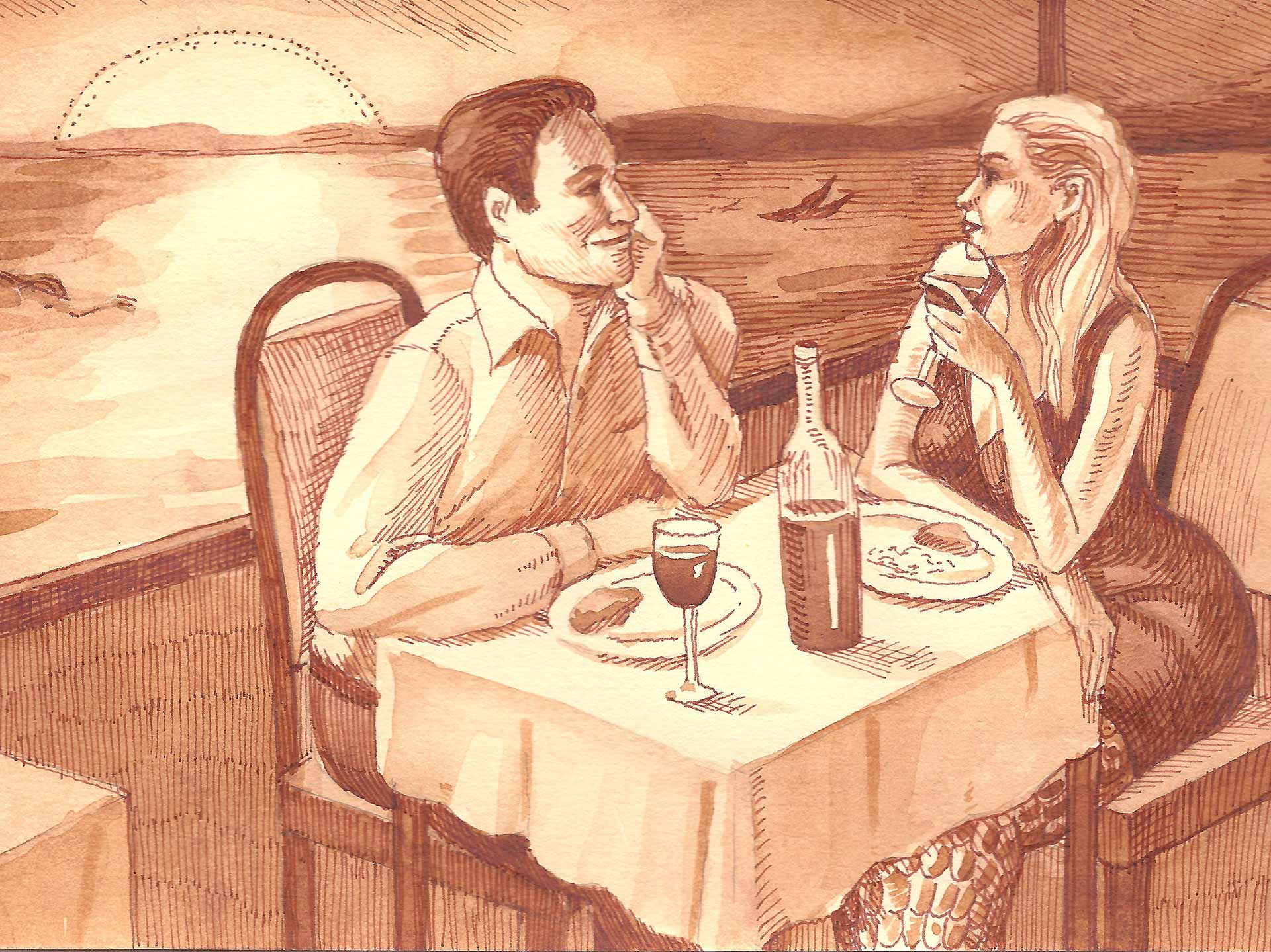 Mermaid Heritage illustration - young mermaid in a restaurant with a boyfriend