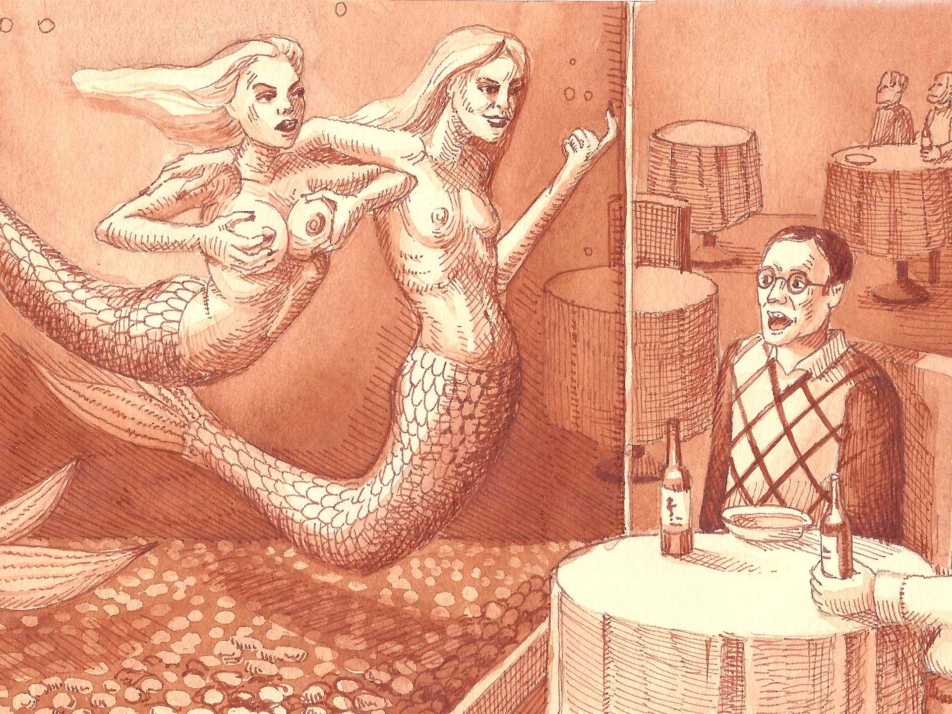 Mermaid Heritage illustration - mermaids teasing a man in a strip club