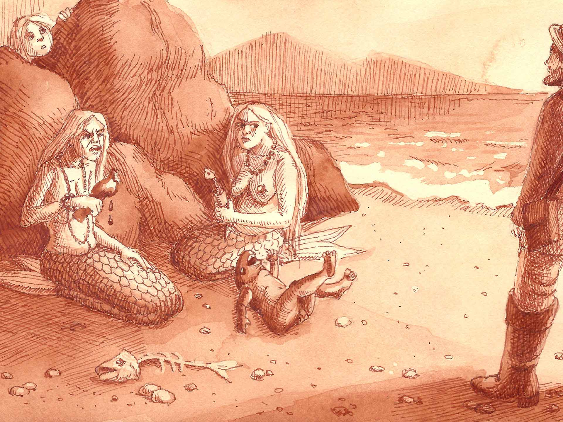 Mermaid Heritage illustration - two wild mermaids and an explorer