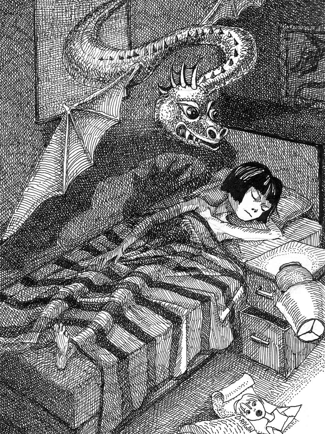 Pen and ink drawing of a girl sleeping and dragon flying into the window