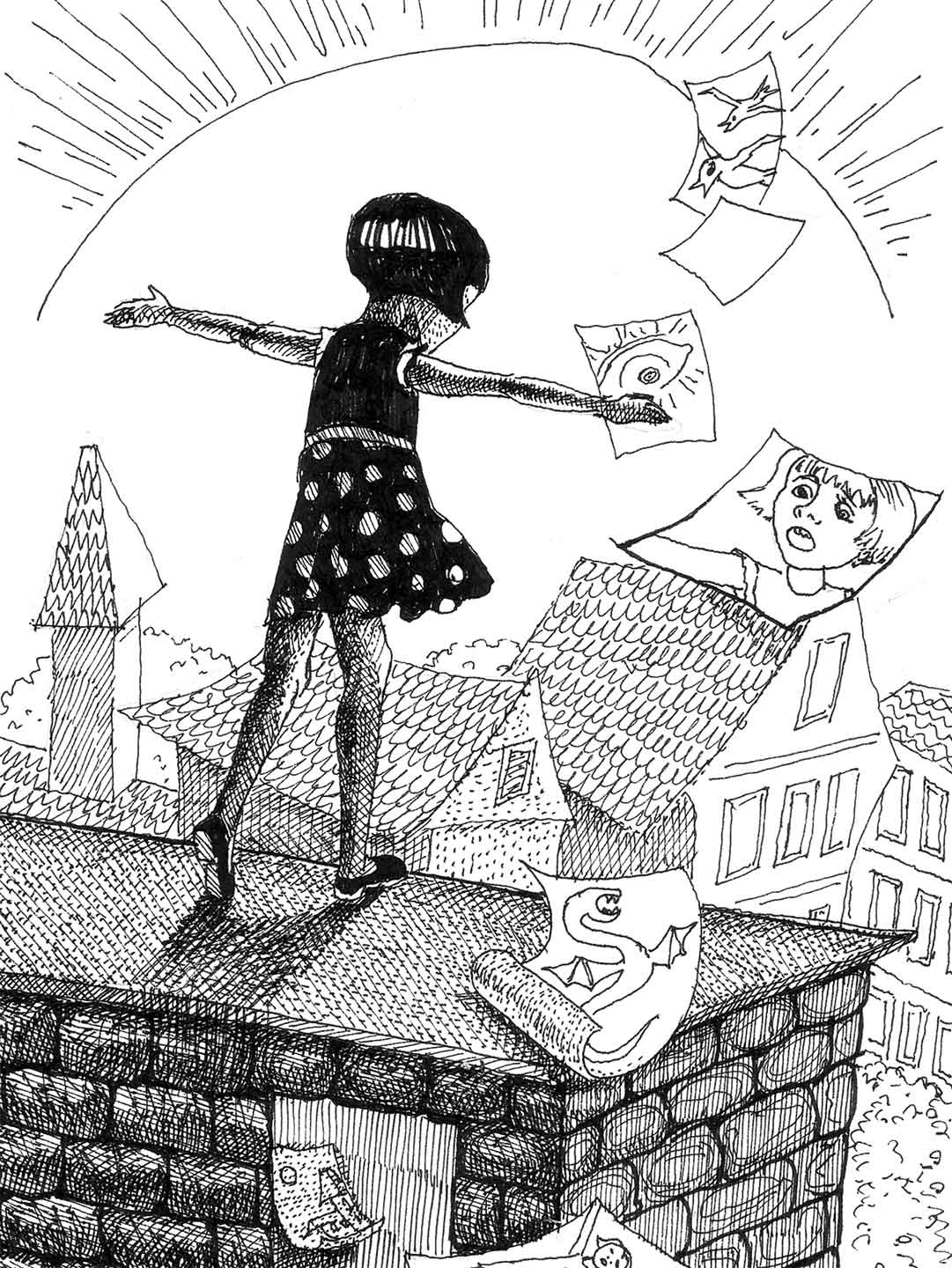 Pen and ink drawing of a girl on a roof