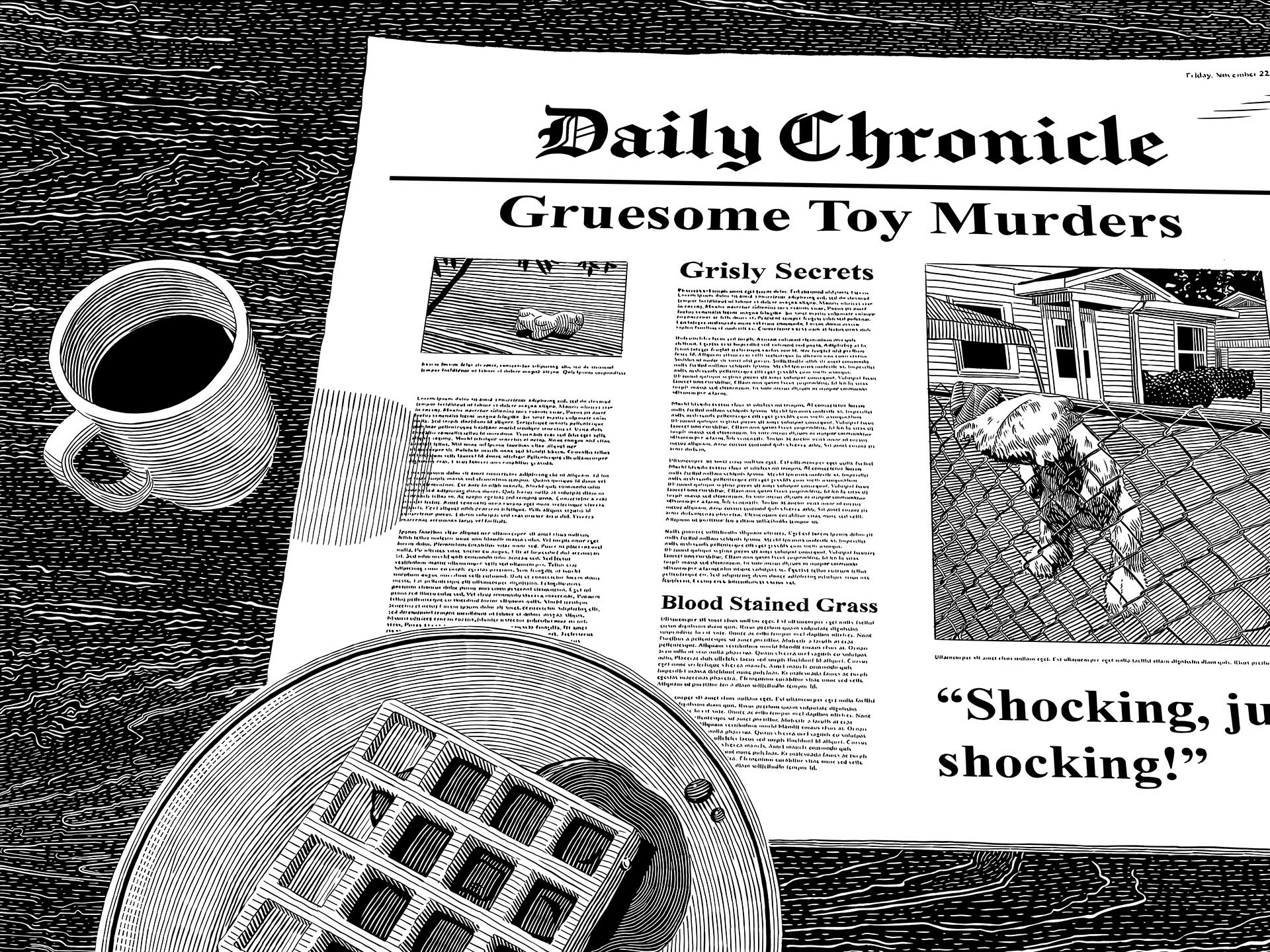 Digital drawing of a tabloid newspaper, a cup of coffee and waffles.