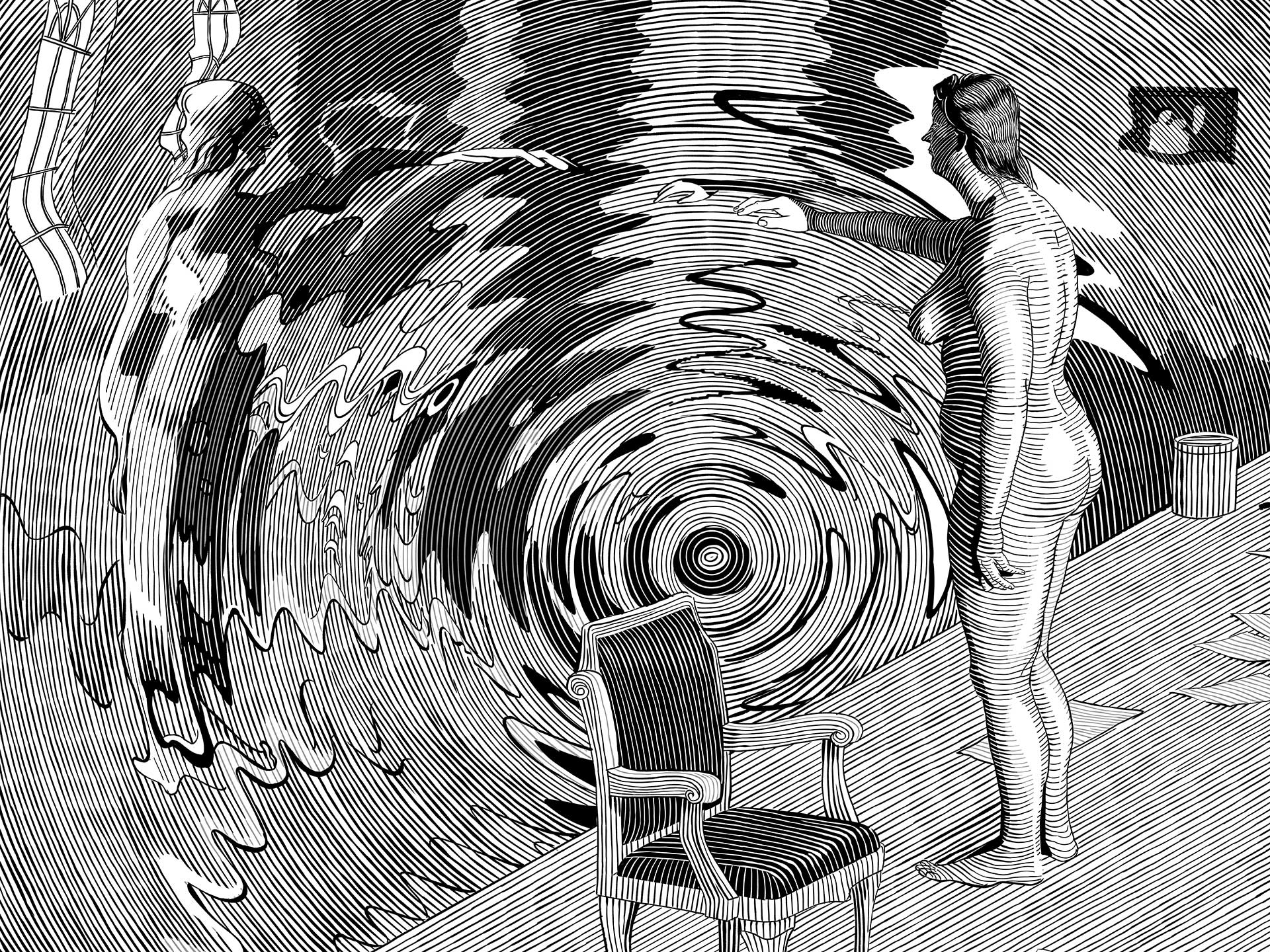 Surreal digital drawing of a woman standing in front of a portal into another dimension