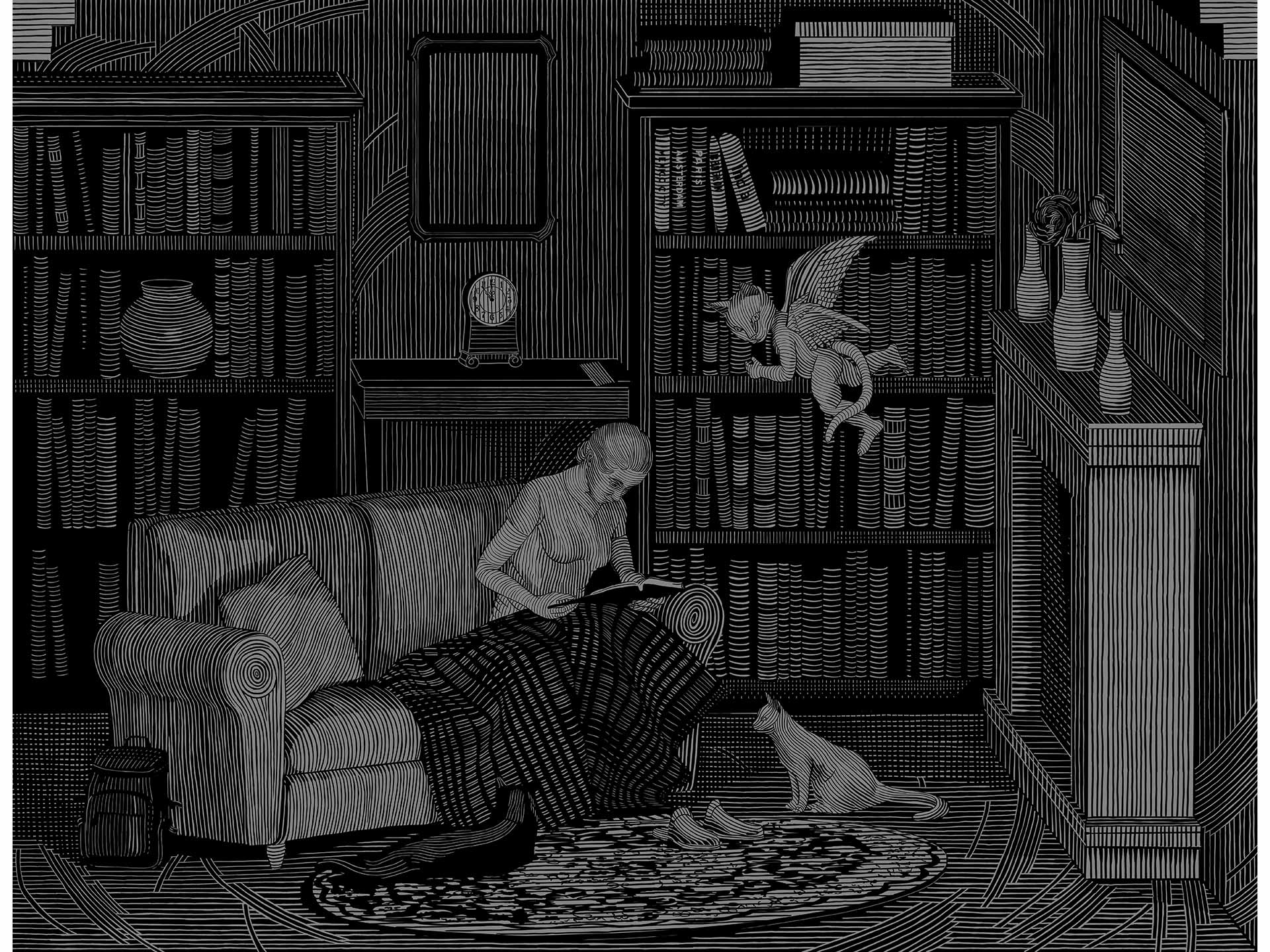 Digital drawing of a girl reading - dark