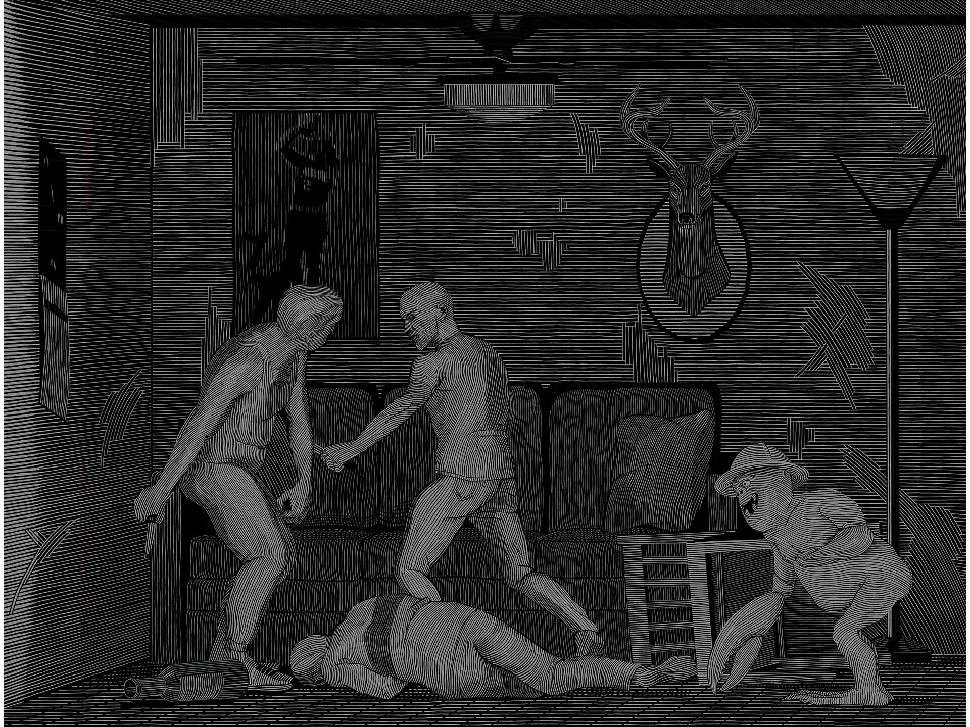 Digital drawing of a room with people fighting - dark