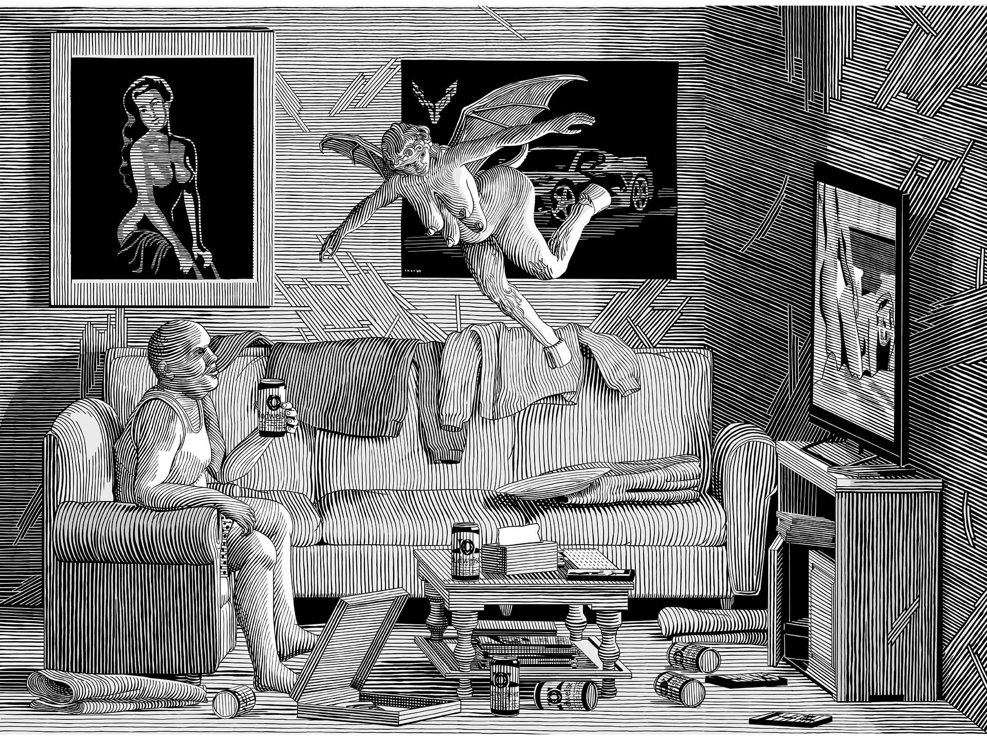 Digital drawing of a man watching pornography