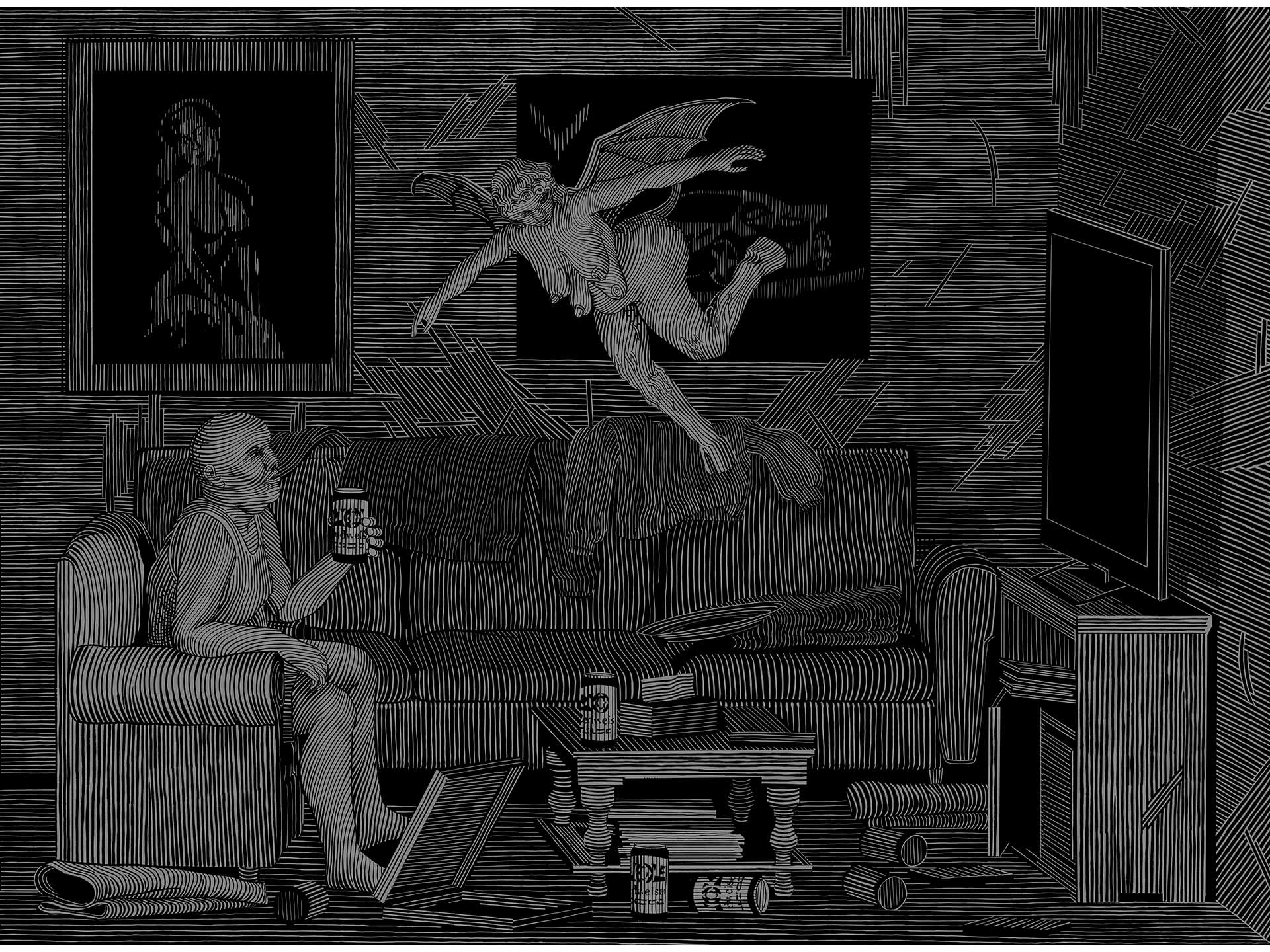 Digital drawing of a man watching pornography - dark