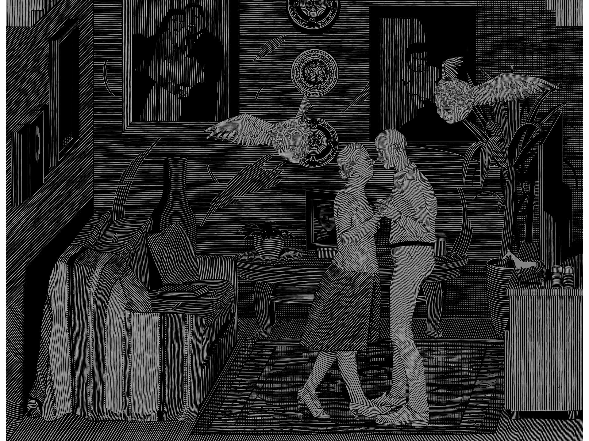 Digital drawing of an old couple dancing - dark